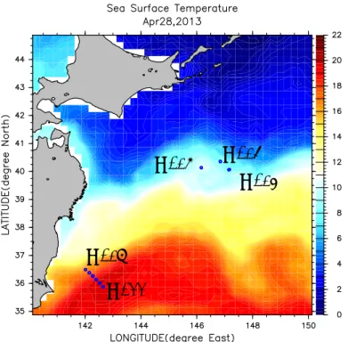 Figure 3: 気象庁 dailysst(2013/4/28) と leg2 の MSP 観測点 ( 青丸 ))