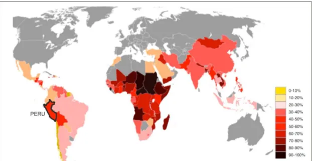 Figure 1.2 Percentage of squatter settlements in developing countries. Source: UN-Habitat, 2010