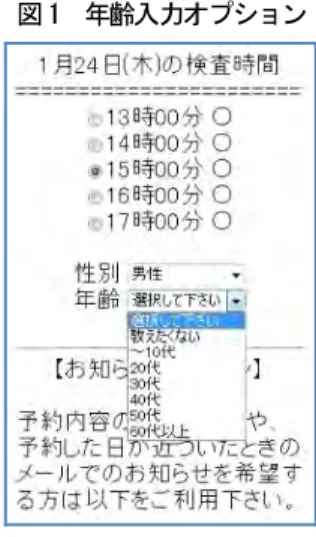 図 1  年齢入力オプション  考察  (1)  服薬支援ツールにつ いては、 登録した利用者は 長期的に利用を継続しているが、新規の利用者は 少ない状況にある。      運用を開始して 7 年になるが、 この間に iPhone や Android などのス マートフォ ンの 登場や、従来 の携帯電話自体にも“服薬お知らせ ”に流用可能 なスケジュール 管理 機能を装備 しているものがあ ったりと、携帯電話の機能が激 変している。現在 の電子メールによる“服薬お知らせ ”の 形式でい いのか、サ ービスの