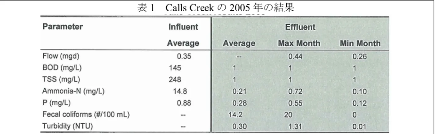 表 1  Calls Creek の 2005 年の結果 