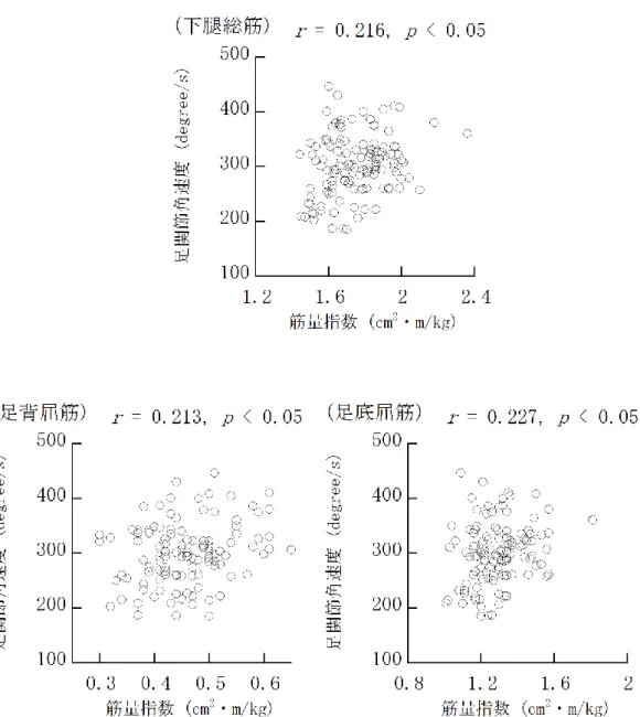 図 3-12  下腿部の筋量指数と足関節角速度の第 1 底屈ピークとの相関関係 (n=111) 