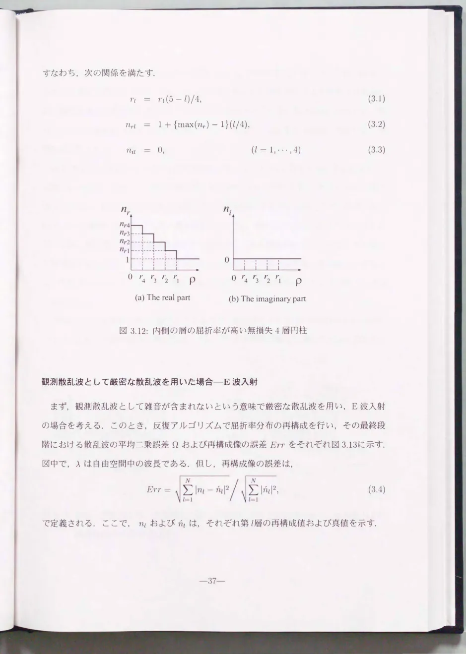 図 3.12:内側の層の屈折率が高い無損失4層円柱 観測散乱波として厳密な散乱波を用いた場合-E波入射 まず， 観測散乱波として雑音が含まれないという意味で厳密な散乱波を用い， E波入射 の場合を考える