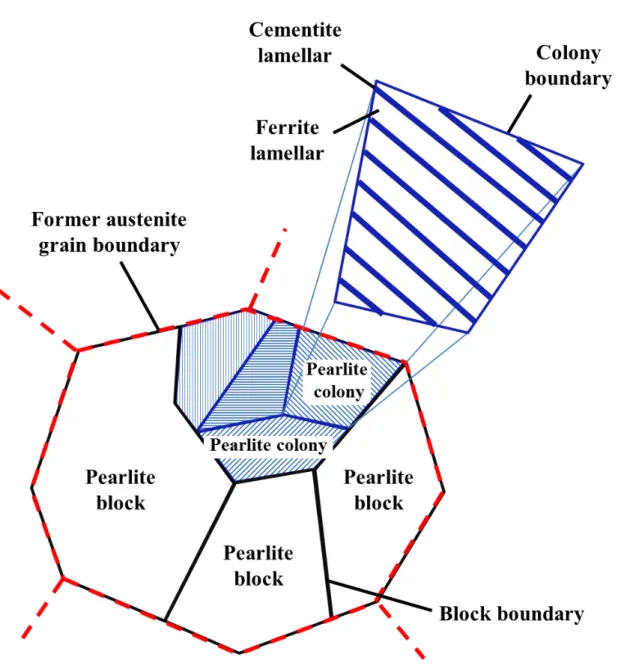 Fig.  2  Schematic  diagram  of  the  pearlite  microstructure.  The  description  explains  the  relative  hierarchy  of  pearlite  substructures:  the  pearlite  block  structure,  the  pearlite  colony  structure  and  the  pearlite  lamellar  structure