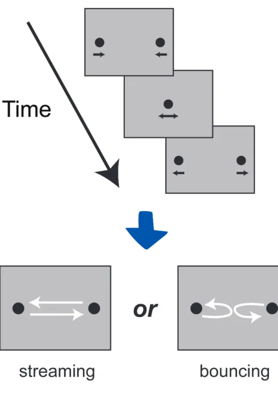 Figure  3.  The  schematic  illustration  of  typical  stream/bounce  display  (SBD).  The  upper row represents physical motion event, and the lower row denotes two possible  motion events observers can perceive