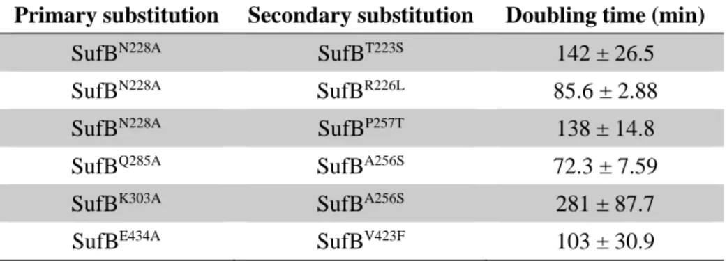 Table 4.  機能不全となる変異型 SufB に対する二次的な置換の影響 