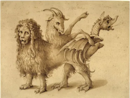 図 35 ヤコポ・リゴッツィによる「Una chimera」  遺伝学では、異なる受精卵の融合から生じた、少なくとも 2 セットの DNA を 含む生物を指す[Rogers, 2019]。4 配偶子と呼ばれるキメラのケースでは、目 の色の違い、肌の色のパッチワーク、外性器の両方を有する雌雄同体の兆候が る（両方の生殖器官の所有）。  遺伝学の分野でもう少し述べると、2019 年 3 月に、文部科学省は、ヒト細胞 を含む動物胚の研究に関する行動を見直し、14 日後の胚の廃棄の要件を排除し た 14 。これらの