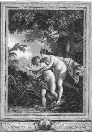 図 38 サルマキスとヘルマプロディートスの神話を描写しているジェラルド・ビダル（1742-1801）によ る銅版画。 1770 年頃。  このように、神の介入と相まってサルマキス意志と性的欲求は、ヘルマプロ ディートスとサルマキスを 1 つの形で結ばせた。神話と同様に、「キメラⅠ」 は異なる性別から出発し、欲求と介入（オーバープリント）を通じて、二重の 形に統合される。「キメラⅠ」の場合、二重形のヘルマプロディートス・サル マキスは、2 つの状態、つまり図  37 の中央の 2 つのプリントに変換される。