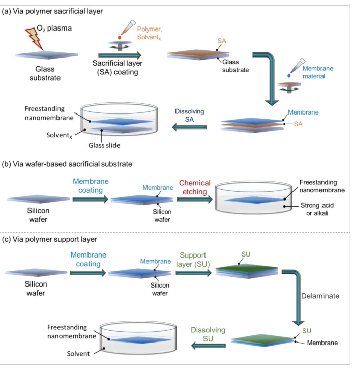 Figure 1-1. Schematic illustration of FS-NM preparation procedures. (a) Via polymer sacrificial  layer: it is a commonly used approach, and applicable to the majority of nanomembrane deposition  techniques