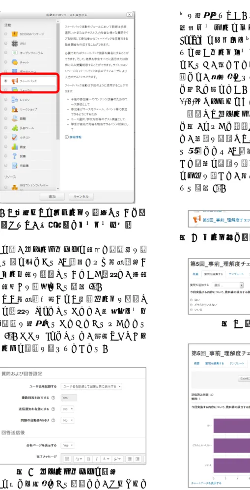 図   3  「活動またはリソースを追加する」に表 示された、作成可能なコンテンツ一覧  その際、フィードバックの名称と説明文を記 入する欄の下にある、「質問および回答設定」 の「ユーザ名を記録する」という項目で、匿名 か記名式かを選択できる（図 4） 。  また「回答送信後」の「分析ページを表示す る」の項目を Yes にすることで、学生もアンケ ート結果を参照することができるようになる （図 4） 。ここを No にすると、教員だけしかア ンケートの結果を見られなくなる。  図   4 フィードバックの