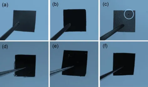 Fig. 2-6 Photos of HiPco/R712 (a, d), eDIPS/R712 (b, e) and MWNT/R712 (c, f) containing 0.1 wt% (a-c)  and  0.5  wt%  (d-f)  CNTs