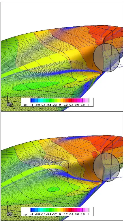 Fig. 4.1  Pressure distributions and limiting streamlines at model-scale for 33CT  (top: V-type, bottom: U-type (MS No.852))
