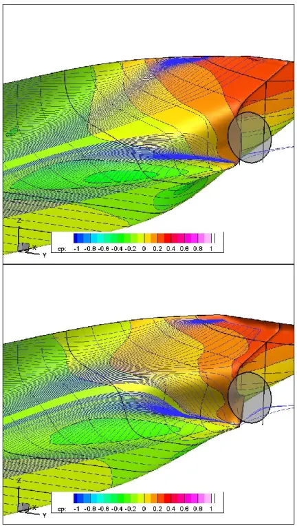 Fig. 4.2  Pressure distributions and limiting streamlines at model-scale for 82BC  (top: V-type, bottom: U-type (MS No.842))