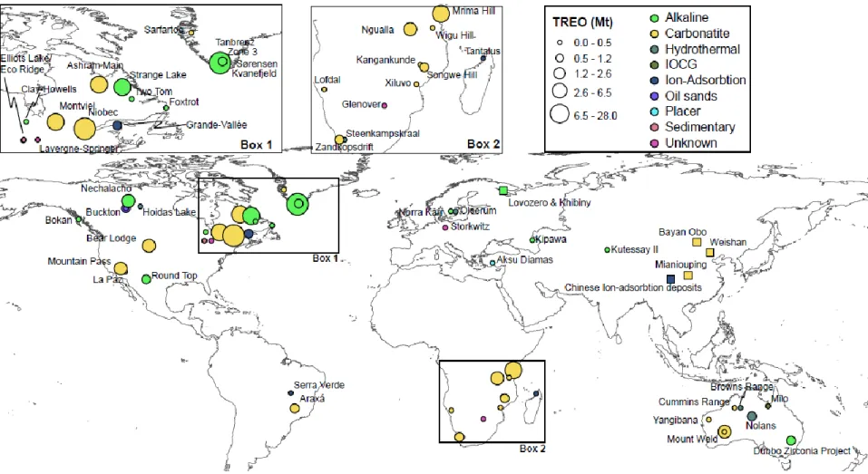 Figure 2.4: Spatial distribution and REE tonnages (both resources and reserves) of the different types of REE-deposit at an advanced  stage