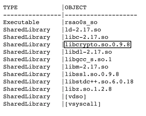 Figure 3.1: List of libraries used by RSA sample program. The boxed library is for cryptographic operations.