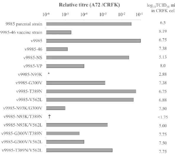 Fig. 1-2  猫由来の CRFK 細胞と犬由来の A72 細胞に対する各 CPV の感染価の比較 
