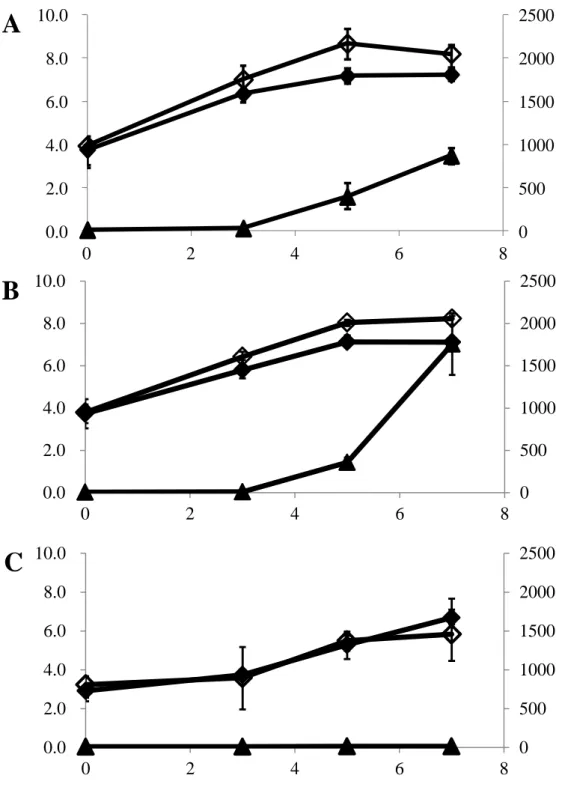 Fig.  3  Growth  of  histamine-producing  bacteria  (open  diamonds),  aerobic  viable  bacteria  (closed  diamonds)  and  histamine  accumulations  (triangles)  in  swordfish  meat  at  4°C