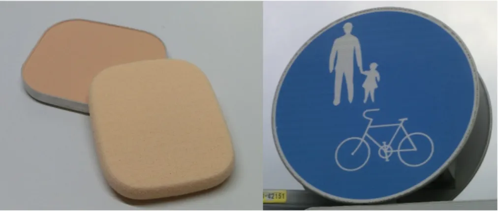 Figure 2. Application of spherical isotropic colloidal particles. Left; foundation, right; road sign.
