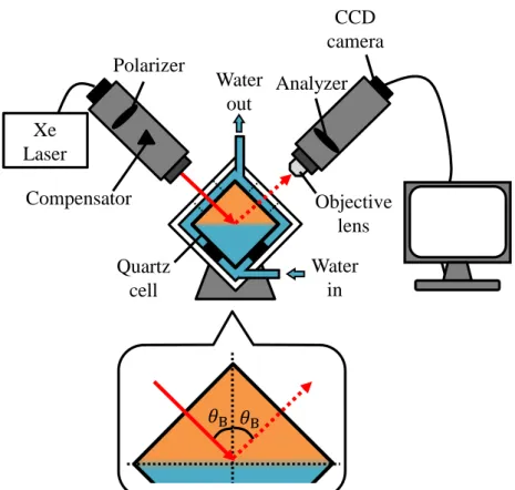 Figure 2-3. The schematic of the equipment of Brewster angle microscope and the optical  setup in the inset.