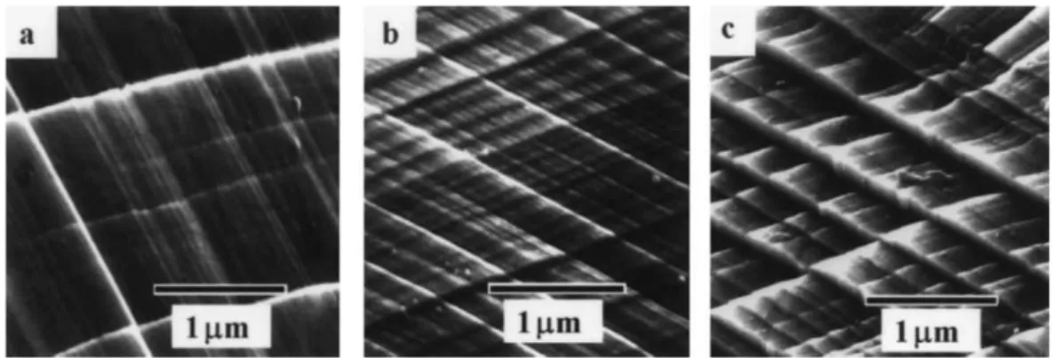 Fig. 1-34 Morphology of surface slip traces in AISI 310S stainless steel specimens tensile tested to failure  at 295 K (a) uncharged, (b) 0.18 at