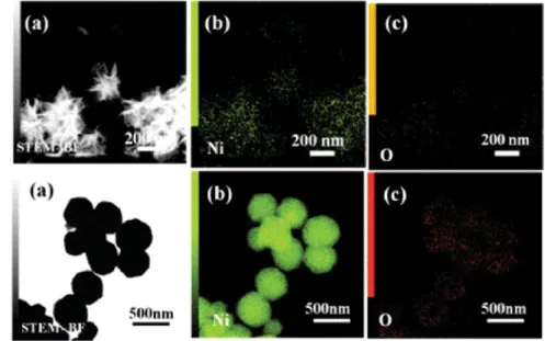 Figure 3.17: STEM-EDS mapping of the mesoporous NiO NCs with flower- and  sphere-like morphology; STEM images (a), Nickel (b), and Oxygen (c)