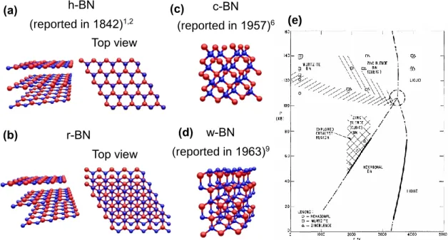Figure 1-1 Atomic models of various BN structures. (a) h-BN, (b) r-BN, (c) c-BN, (d)  w-BN