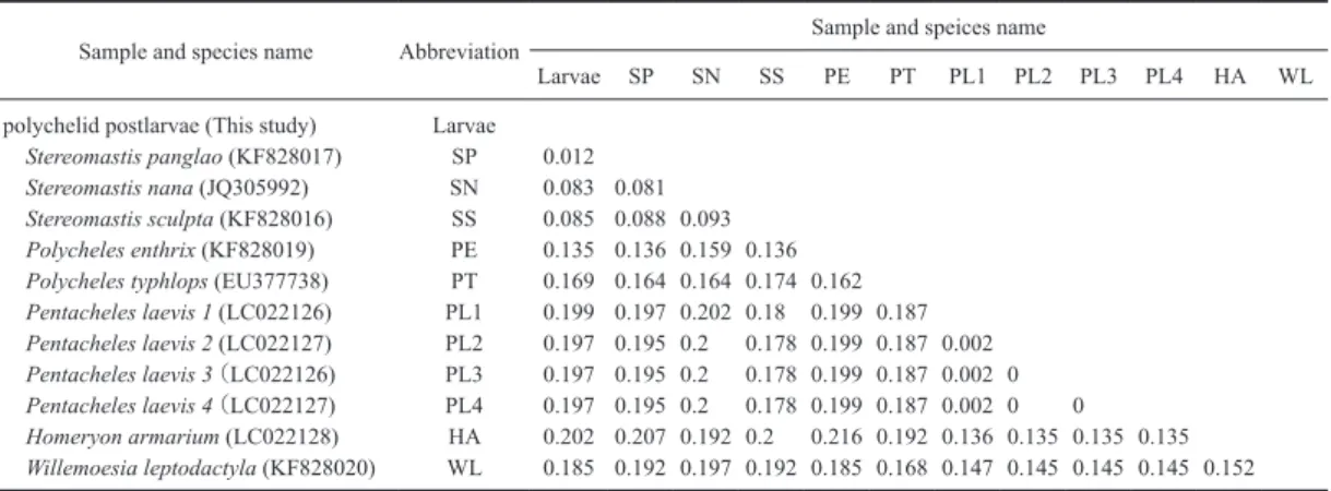 Table 2. 　 Frequencies ( ％ ) of variable sites on COI region among species of Polychelidae ． Sample and species name Abbreviation Sample and speices name