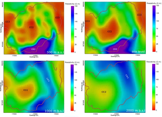 Figure 4.13 shows horizontal slices of Menengai caldera obtained from the 3-D resistivity model  at 500 m b.s.l, sea level, 1000 m b.s.l and 2000 m b.s.l