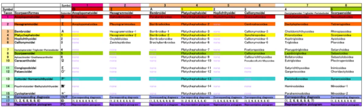 Fig. 5. 　 Systema Scorpaenidorum ．縦軸，横軸ともに，系譜学的観点からの進化傾向を表す．