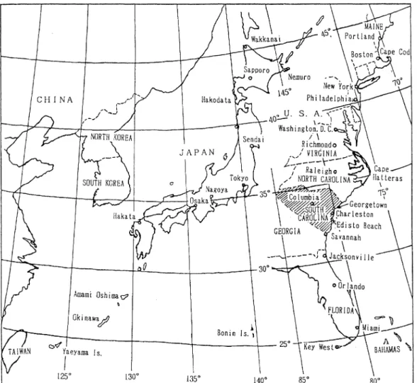 図 1 同緯度同縮尺の日本列島とアメ リカ大西洋岸の地図 3 . サ ウスカロライナ州の海岸で採集できたカニ この州 の海岸 はほ とん ど遠浅 の砂浜海岸 のた め, 大西洋沖 のカニ類 はほとん ど打 ち上が りませ ん