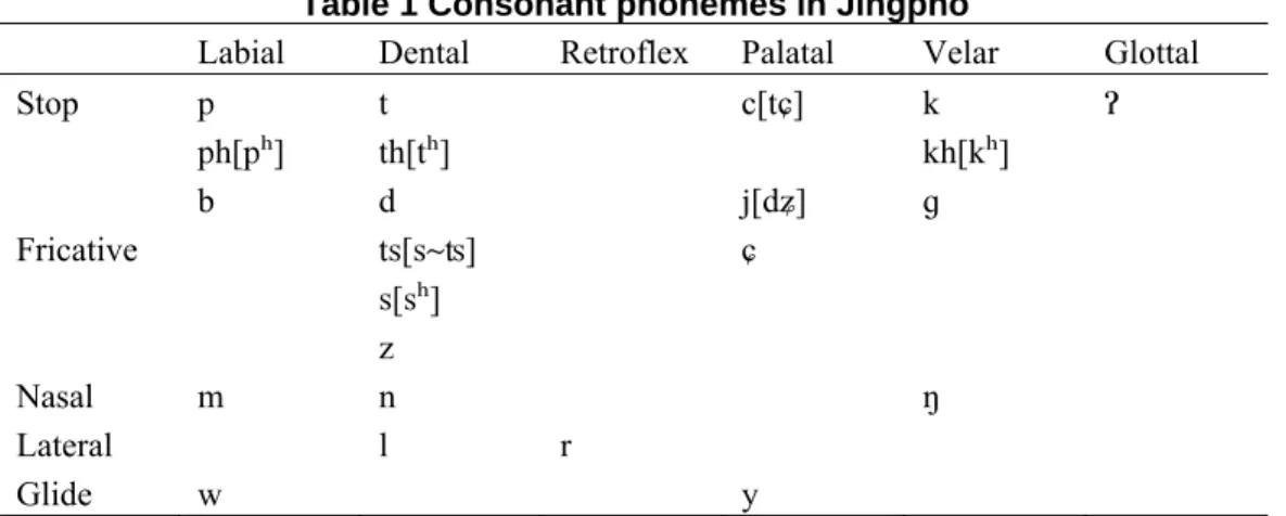 Table 1 Consonant phonemes in Jingpho 