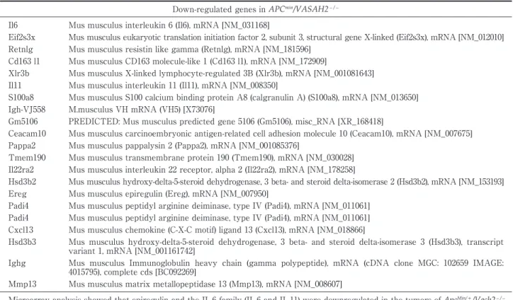Table 1 Microarray analysis showing downregulation of genes in Apc Min/ ＋ /Vash2 − / −  mice compared with Apc Min/ ＋ mice.