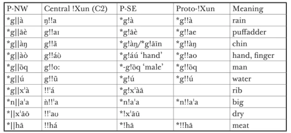 Table 4.  Reflexes of the retroflex click *!! ! in !Xun (P-NW = Proto-Northwestern !Xun,  P-SE = Proto-Southeastern !Xun).