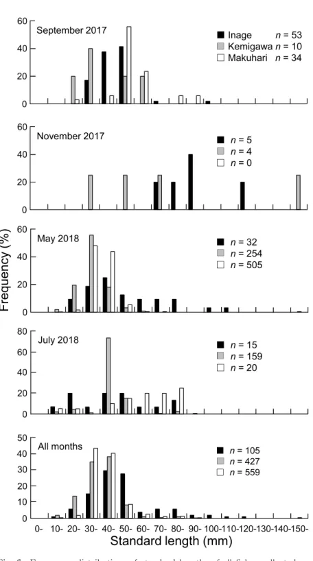 Fig. 6 Frequency distributions of standard lengths of all ﬁshes collected on Inage, Kemigawa and Makuhari beaches in each month（September and November 2017 and May and July 2018）.