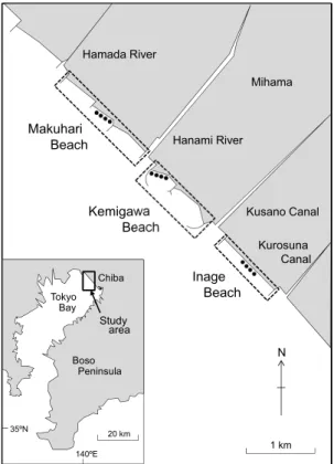 Fig. 1 Map of the study area at Mihama, Chiba Pre- Pre-fecture, central Japan, showing three artificial sandy beaches（Inage, Kemigawa and Makuhari）.