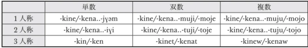 表 3. KIN 形の人称・数による語形変化表
