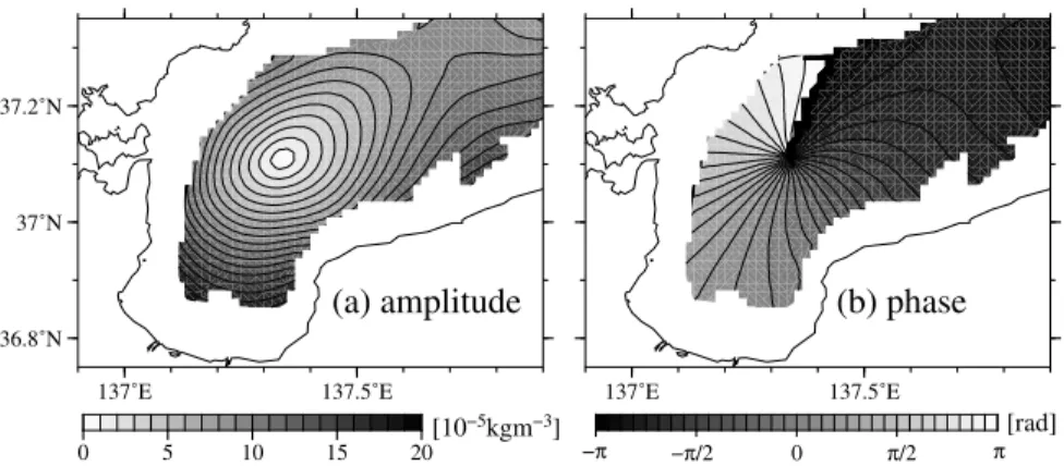 Fig. 10 Horizontal distribution of（a）the amplitude and（b）the phase for the first vertical mode of potential density anomaly.