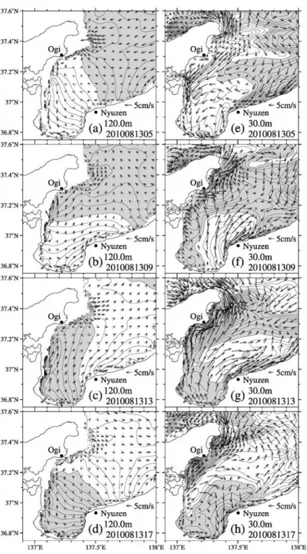 Fig. 5 Density anomaly（contour）and current（vector）of the period of 19Ȃhours at the depth of（a-d）120m and（e-f）30m