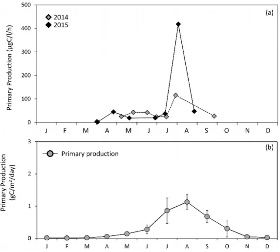 Fig. 11. Primary production measured in 2014/2015 (a), and estimated from AIC analysis (b).