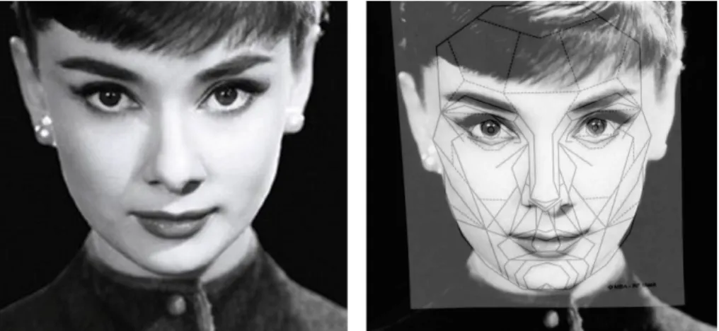 図 2.7 : 左は本研究で使用したオードリーヘップバーンの画像，右は左の画像に Marquardt Beauty Mask を当てはめた様子である ([1] より引用 ) オードリーヘップバーンの正面顔 は，最も美しい顔形状とされる Marquardt Beauty Mask とほとんど一致していること が分かる．