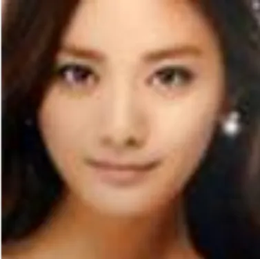 図 2.8 : 本研究で使用したナナ (Nana) の正面顔画像． Active Shape Models によっ て顔形状を求め，美しい形状として使用した． 2.7 顔画像の美形化 本研究では入力画像 I in を顔形状が美形化形状 v(α) となるようにワーピングを行うこと で美形化を行う．美形化形状 v(α) は 2.6 節で作成した美しい形状 v b ，入力形状 v in ，変形 パラメータ α を用いて，以下の式で定義する． v(α) = αv b + (1 − α)v in α が 1 に近いほ