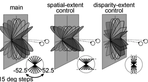 Figure 4. Stimuli illustrations. Diagrams of the parametric slant variations in the three experimental conditions: Main: simu- simu-lated rotation of a physical disc; Spatial control: projection height in the image plane was constant as slant was manipusim