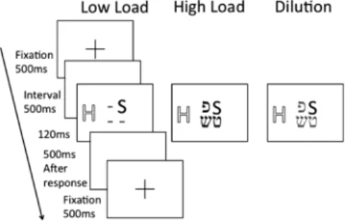 Figure 1. Experiment 1: sequence of events of typical  trials and examples of stimulus displays.
