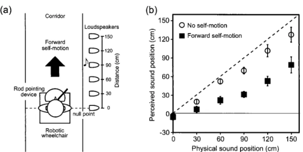 Figure 　 2 ． 　 （ a ） Schematic 　 diagram 　 of 　 experimental 　 setup 　 used 　 in 　 Experiment 　 2 　 and （ b ） the 　 results 　 of 　 Experiment 　 2 ． 　 The 　 rod − 　pointing 　 device　 was 　 set 　 very 　 close 　 to 　 the 　 participant ：