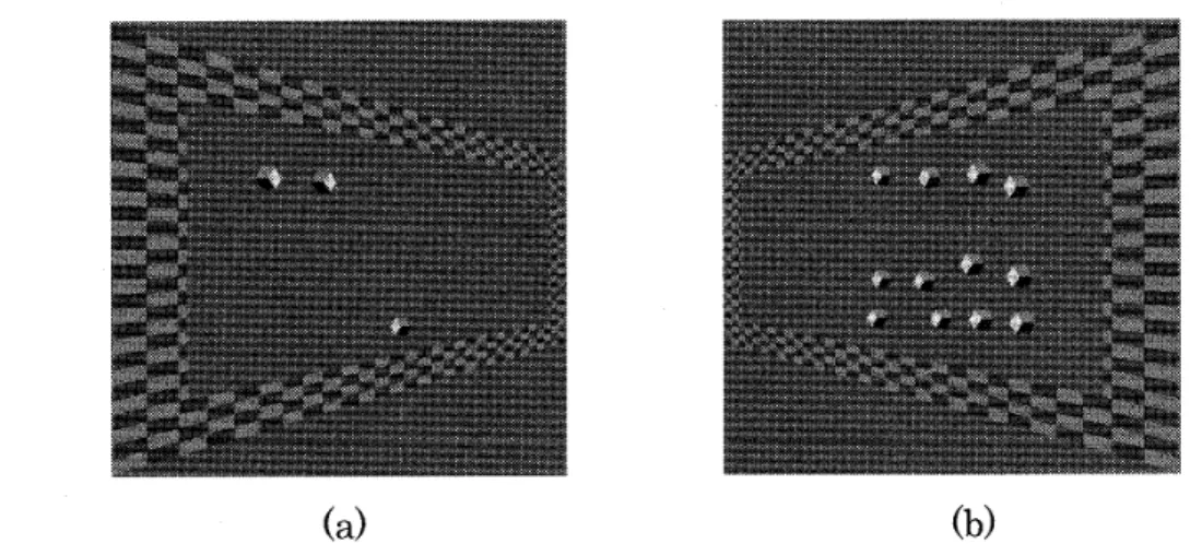 Figure 　 1， 　 Example 　 of 　 the 　 stimuli 　 used 　in　Experiment 　 l ． （ a ） Backward ・ right 　 present 　 trials ， （ b ） 　Backward − left 　 absent 　 trials ．　 In 　 both 　 panels ，　 the 　 perccptual 　 slant 　 of 　 the 　 background 　 is 　 consistcnt 　 with 　