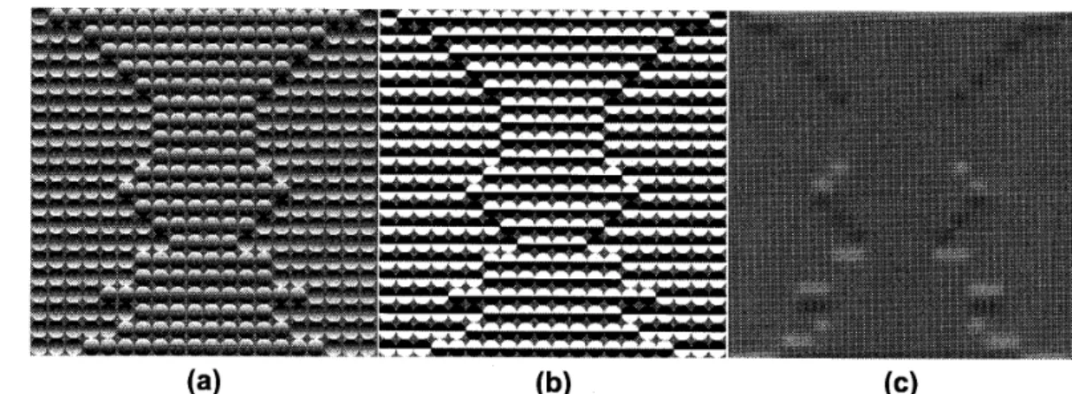 Figure 　 1 ， 　 The 　 stimuli 　 used 　 in 　 Experiment 　 1 ： （ a ） the 　 display 　 composed 　 of 　 shaded 　 disks ； （ b ） the 　 display 　 co 皿 posed 　 of 　 step 　 disks ； （c ） low・ pass − filtered　 display 　 composed 　 of 　 shaded 　 disks，