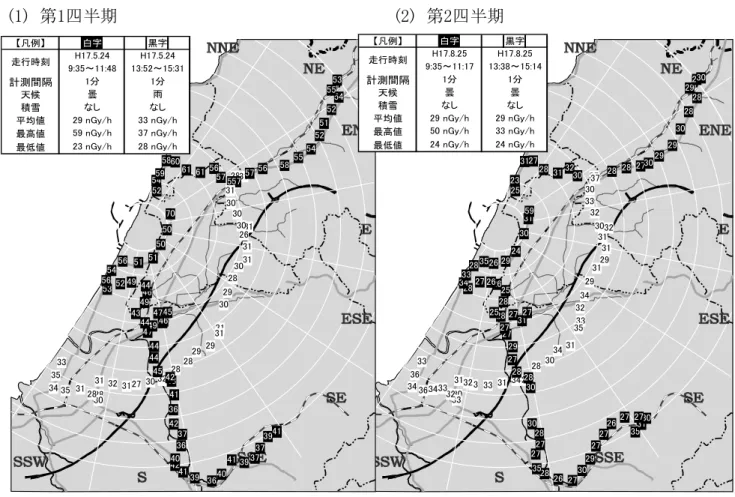 図 12   巡回監視車による空間線量率の走行測定　(第1～第4四半期）－低線量率測定器による測定結果－ 30 33 27 3030 30 26 30 29 28 29 29 29 30 33 32 28 28 26 32 2930 29 25 292727 242827282932303332 32 30 29 28 282828262929283029313026332729272728262425313231 29 30262850262431302632 3231313030 28 27 29 30