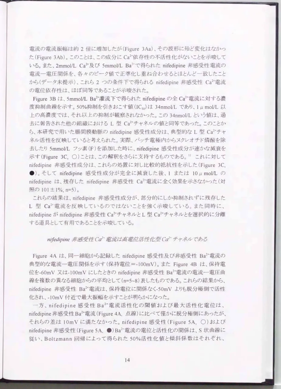 Figure 4 A は、 同一細胞から記録したnifedipine感受性及び非感受性 Ba2+電流の 典型的な電流-電圧関係を示す(保持電位ニー100mV)。またFigure4B は、保持電 位 を-60mV又はー100mVにしたときのnifedipine非感受性Ba2+電流の電流一電圧曲 線を複数の異なる細胞からの平均として(n=5�8)表したものである。これらの結果から、 nifedipine 非感受性 Ba2+電流は、保持電位に 関係なく- 50mV よりも脱分極側で 活性 化 され、-10mV付近