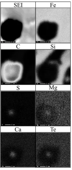 Fig. 9 SEI (Secondary electron image) and elemental distribution in 10ppmTe sample  (0.035Mg, 10pmmTe) with 0.042mass% of Mg by EPMA (Electron probe microanalyzer).
