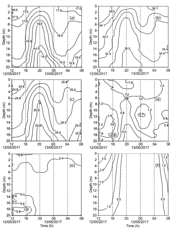 Fig. 3 Temporal changes in the vertical distribution of environmental properties on 12Ȃ13 May 2017.（a）water temperature（℃）,（b）salinity,（c）sigma-t,（d）Chl-a（µg L Ȃ1 ）,（e）turbidity