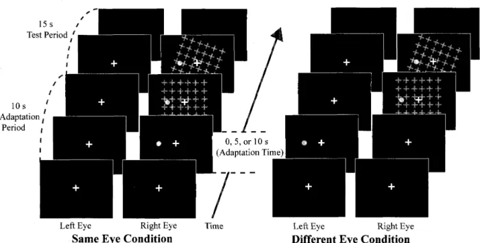 Figure 　 L 　A 　 sequencc 　 of 　 a 　 trial 　 ln 　 Experiment 　 1． 　 In 　 the 　 same 　 eye 　 condjtion ， 　 a 　 yellow 　 dot 　 was 　 presented 　 to 　 the 　 right 　 eye 　 unUl 　 the 　 end 　 of 　 a 　 trial ．　 ln 　 the 　 different 　 eye 　 condition ，　 the 　 yell